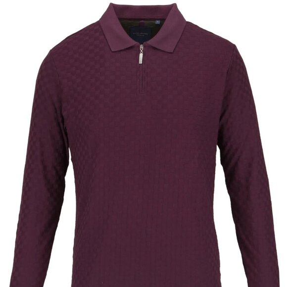 Guide London Plum Purple Tonal Check Pattern Texture Front Zip Long Sleeve Polo - Picture 1 of 1